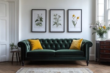 Emerald green velvet sofa with yellow cushions, botanical prints, and wooden furniture in a bright living room.