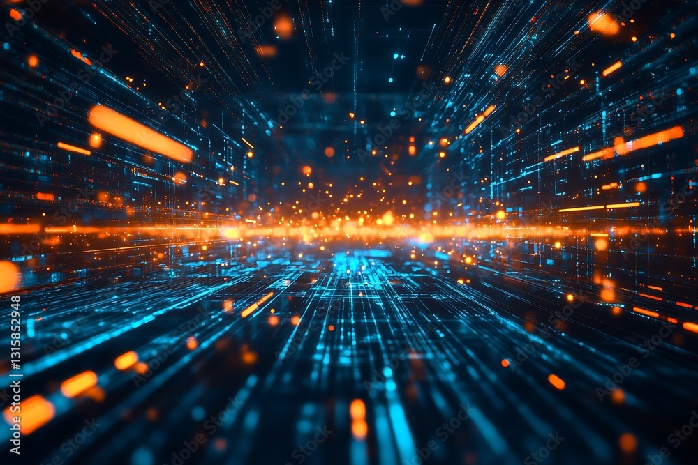 Poster bright blue and orange light bursts creating a mesmerizing digital corridor showcasing advanced tech
