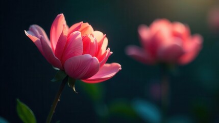 Obraz premium A Delicate Bloom in Soft Light A Close-Up View of Two Pink Flowers with Sunlight Illuminating Petals