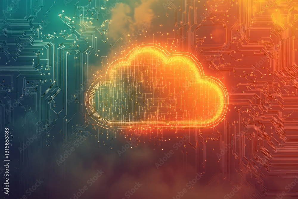 Poster Vibrant orange cloud symbol emerging from digital circuits in a dynamic and colorful technology landscape : Generative AI