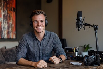 Young man smiling in headphones at a desk with microphone ready for podcast recording : Generative AI