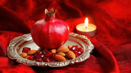 A pomegranate on a silver tray with almonds and dried fruits, symbolizing abundance and renewal in Nowruz traditions.