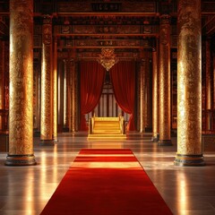 a stunning interior shot of a regal hall with a red carpet.