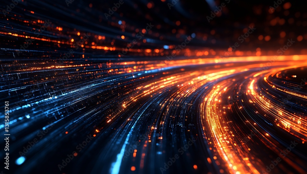 Poster Colorful abstract light trails creating a mesmerizing digital flow in deep space : Generative AI