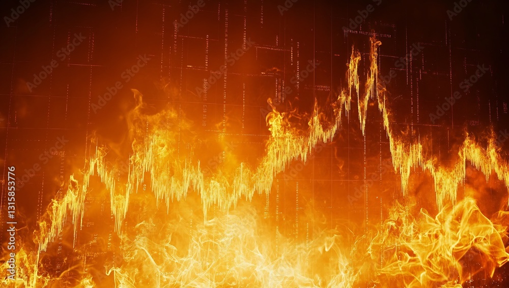 Poster Intense fiery visualization of financial trends with bright flames and dynamic color contrasts : Generative AI