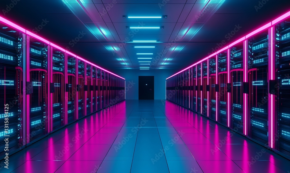 Fototapete chic server room design featuring illuminated racks and advanced technology for modern digital infra
