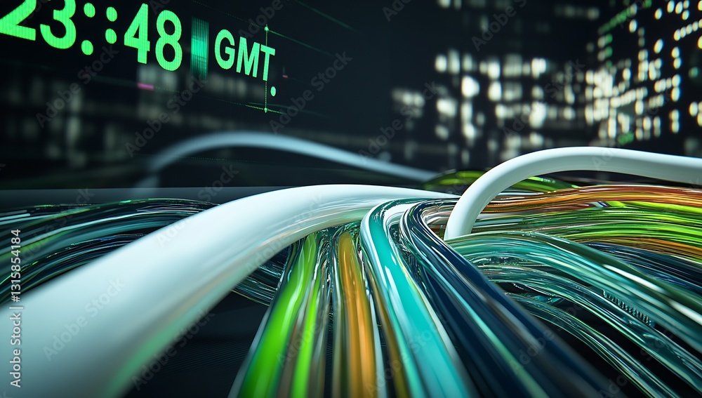 Poster Technological Network Connections Displayed with Colorful Cables and Digital Clock on Screen : Generative AI