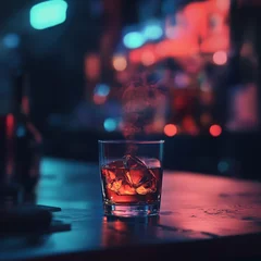 Whiskey on the Rocks in a Neon Lit Bar