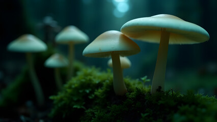 Fototapeta premium A deadly Amanita phalloides mushroom glowing under soft light in a shadowy forest, showcasing its pale greenish cap and white stem.