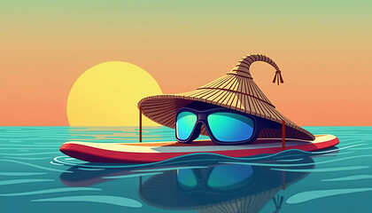 Sunglasses on surfboard with sunset background for water sports blogs and summer activity websites