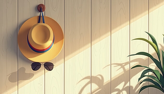 Minimalist straw hat hanging on wooden wall for home decor websites and summer interior design