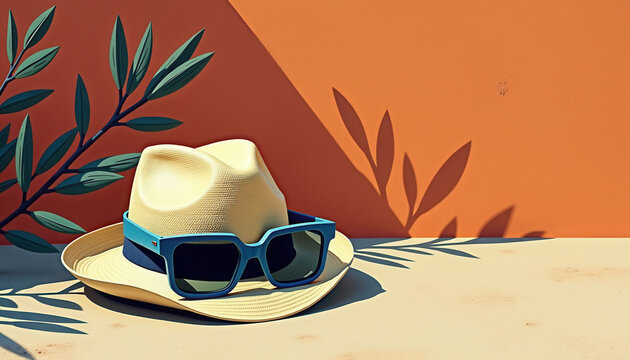 Stylish sun hat with ribbon against botanical background for fashion blogs and summer catalogs