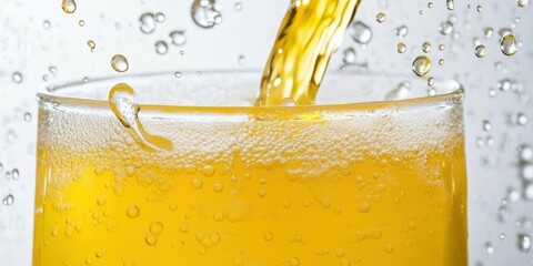 Refreshing orange beverage being poured into a glass, with bubbles and droplets in the background