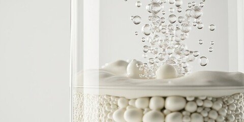 Close-up of effervescent bubbles rising in a glass of frothy liquid against a minimalistic background