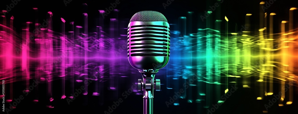 Poster Stylish microphone against a backdrop of colorful sound waves and pulsating light effects : Generative AI