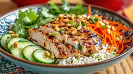 Grilled Chicken and Rice Bowl with Fresh Vegetables, Herbs, and Pine Nuts, a Healthy and Delicious Meal

