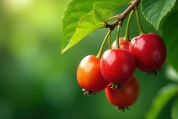 Obraz premium Vibrant red fruits hanging from a branch with lush green leaves in a sunlit garden