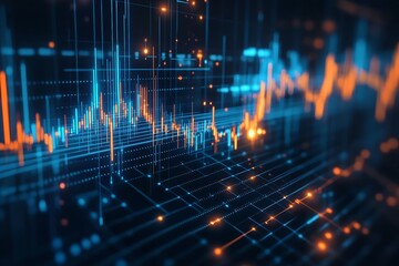 Dynamic digital abstract graphic representation of financial stock market trends with glowing blue and orange elements : Generative AI