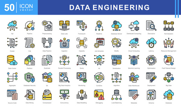 Data Engineering icon set featuring icons for data processing, pipelines, cloud computing, machine learning, and big data management. Ideal for IT, analytics, and database infrastructure projects.