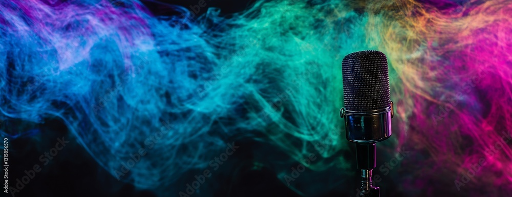 Poster Colorful smoke art creating vibrant atmosphere around a microphone with dynamic colors : Generative AI