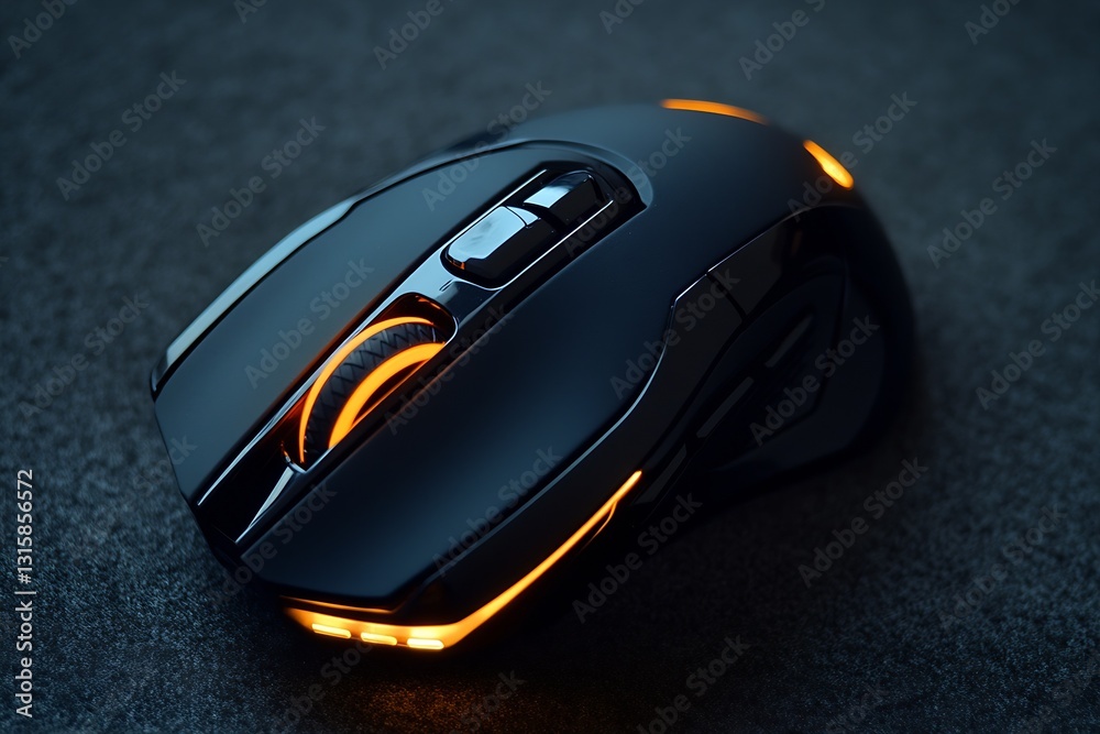 Poster close-up shot of a sleek gaming mouse featuring vibrant orange lights and striking black design elem
