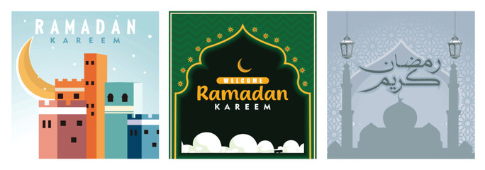 Fototapeta premium Beautiful Ramadan Kareem designs featuring Islamic art and festive illustrations.