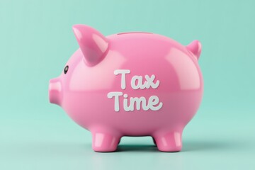 Obraz premium A Cute Pink Piggy Bank with 'Tax Time' Inscription Against a Calm Teal Background, Symbolizing Savings and Financial Planning During Tax Season