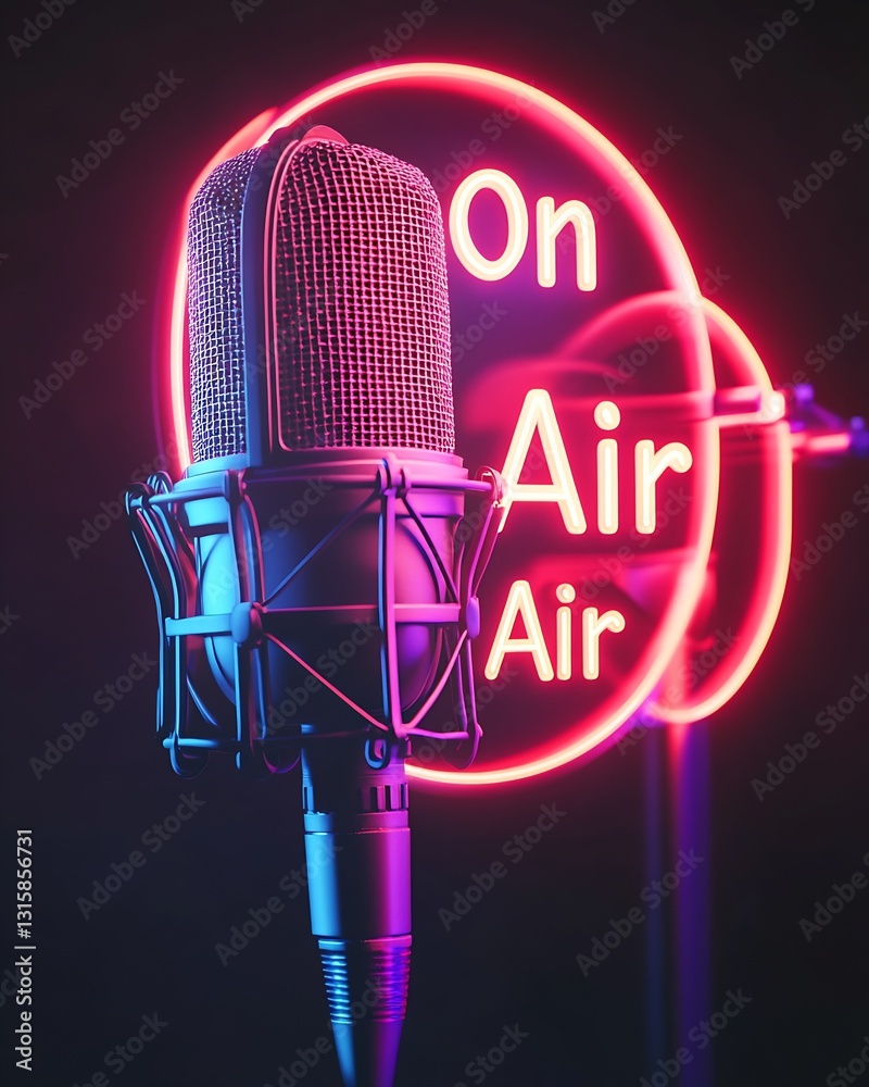 Poster vibrant microphone with on air neon sign creating an energetic recording atmosphere : generative ai