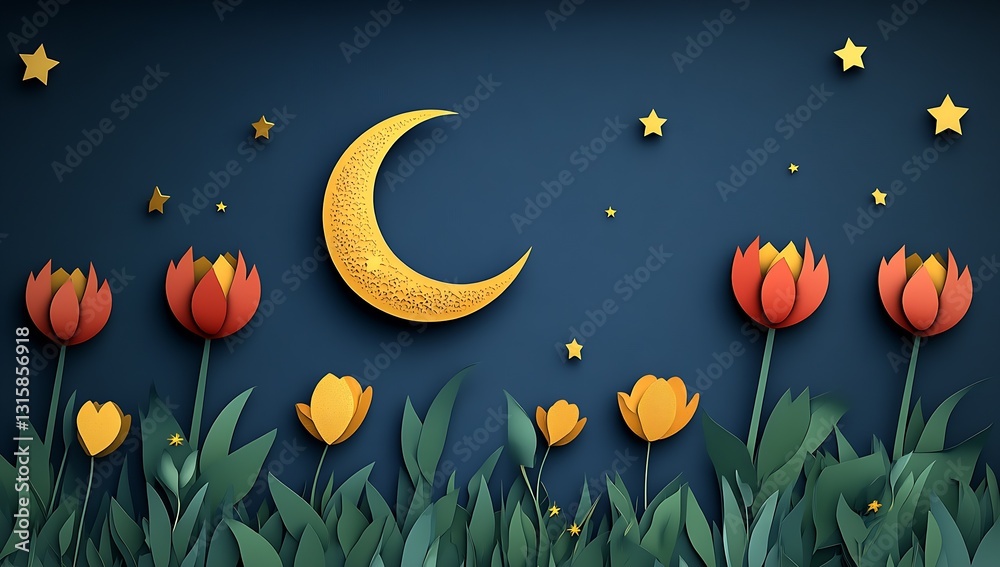 Poster creative paper cut design featuring a moon and colorful floral elements on a starry night background