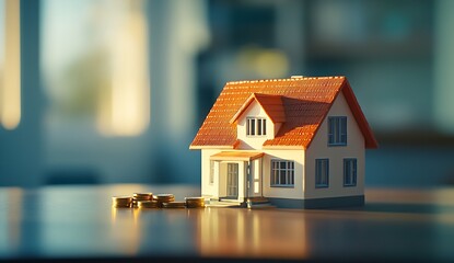 Miniature model house with coins representing investment in real estate on a wooden table : Generative AI