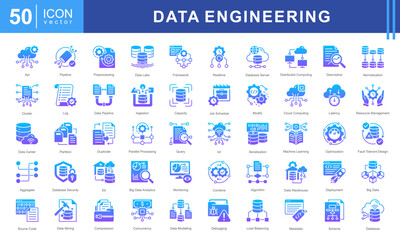 Data Engineering icon set featuring icons for data processing, pipelines, cloud computing, machine learning, and big data management. Ideal for IT, analytics, and database infrastructure projects.