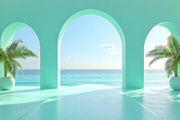 Serene coastal view through elegant arched openings, palm trees flanking a tranquil ocean scene