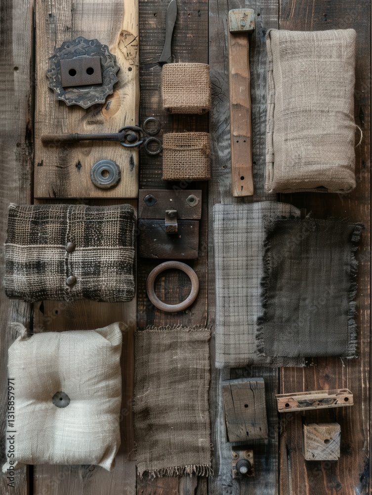 Poster rustic furniture elements displayed on textured wooden surface ideal for craft workshops and furnitu