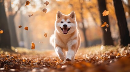 Happy Shiba Inu running through autumn leaves. Perfect for blogs, websites, or pet-related projects needing an autumnal feel.