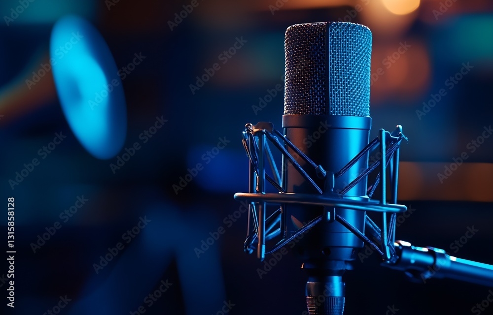 Poster Artistic close-up of a professional microphone in a vibrant studio setting highlighting sound recording aesthetics : Generative AI