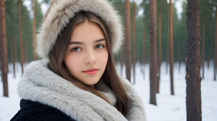 Portrait of a nice cute teenager girl in old peasant clothes with hot fur coat and shawl in cold winter forest with fir trees, pines and snow on winter day