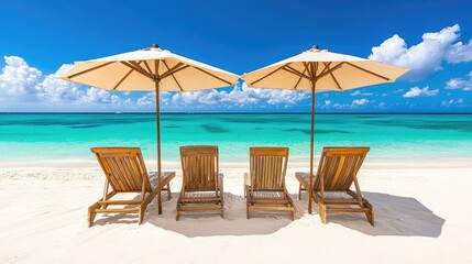 Obraz premium Four Wooden Beach Chairs Under Cream Colored Umbrellas by the Tranquil Turquoise Ocean and White Sandy Beach in Tropical Paradise