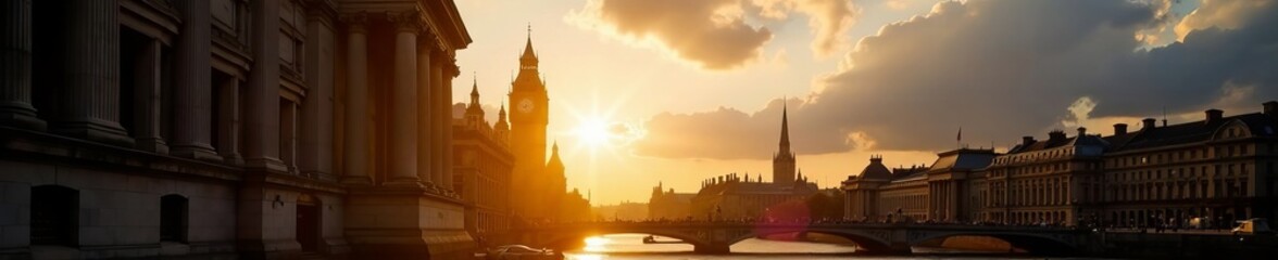 Fototapeta premium Beautiful sunlight illuminating the historic buildings in City of London, sunlight, tourism
