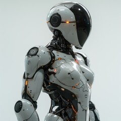 Fototapeta premium A futuristic robot, standing alone, clean white background, cinematic lighting, high detail