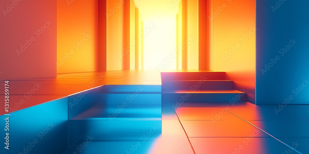 Poster Bright abstract corridor design with colorful lights leading towards a glowing exit in a digital environment : Generative AI