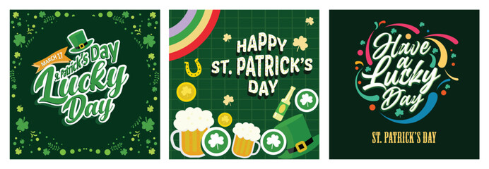 Happy St Patrick's Day with clover leaves, beer glass, leprechaun hat and gold coins.