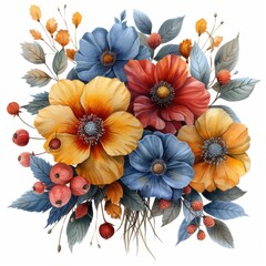 Beautiful watercolor flower arrangement with warm autumn colors, delicate brush strokes, isolated on white, highly detailed