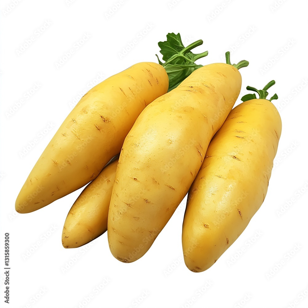 Poster Four smooth golden sweet potatoes showcasing their earthy form and nutritious value in a simple setting : Generative AI