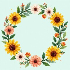 Obraz premium Boho style illustration of a colorful flower crown with daisies, sunflowers, and leaves, daisies, flower crown