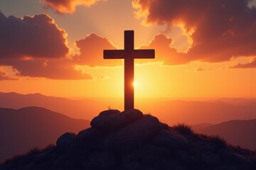 A Majestic Sunset Silhouette of a Wooden Cross on a Rocky Outcrop Amidst Vibrant Skies and Mountains &ndash; Symbol of Faith and Hope