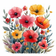 Obraz premium Modern watercolor floral artwork, vibrant hand-painted flowers in pink, red, and yellow tones, artistic composition, isolated