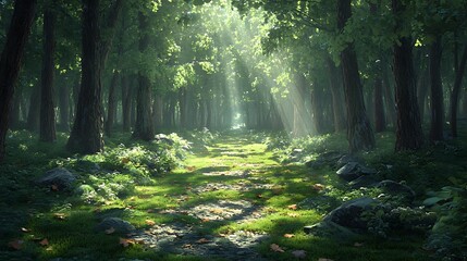 Fototapeta premium A mesmerizing view of a thick woodland, where sunlight seeps through foliage, creating speckled patterns on ground and beckoning observers to immerse themselves in essence of natural world