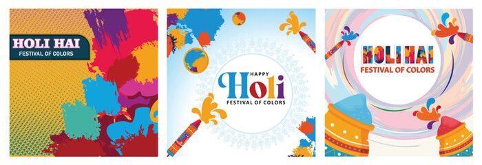 Holi festival celebration poster with splash of colors and cultural elements.