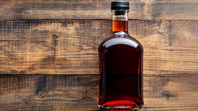Dark amber liquor bottle with a black cap set against a rustic wooden background