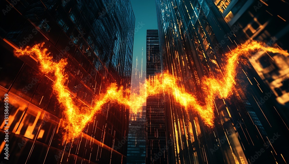 Fototapete Dynamic Financial Visualization with Glowing Lines Against a Backdrop of Modern Buildings Reflecting Trends : Generative AI